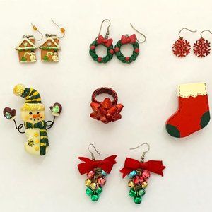 Lot of 7 Vintage Costume Jewelry Pieces - Christmas Pins, Earrings, Ring